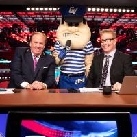 Louie the Laker joining the news broadcasters at the Detroit Red Wings GVSU Night